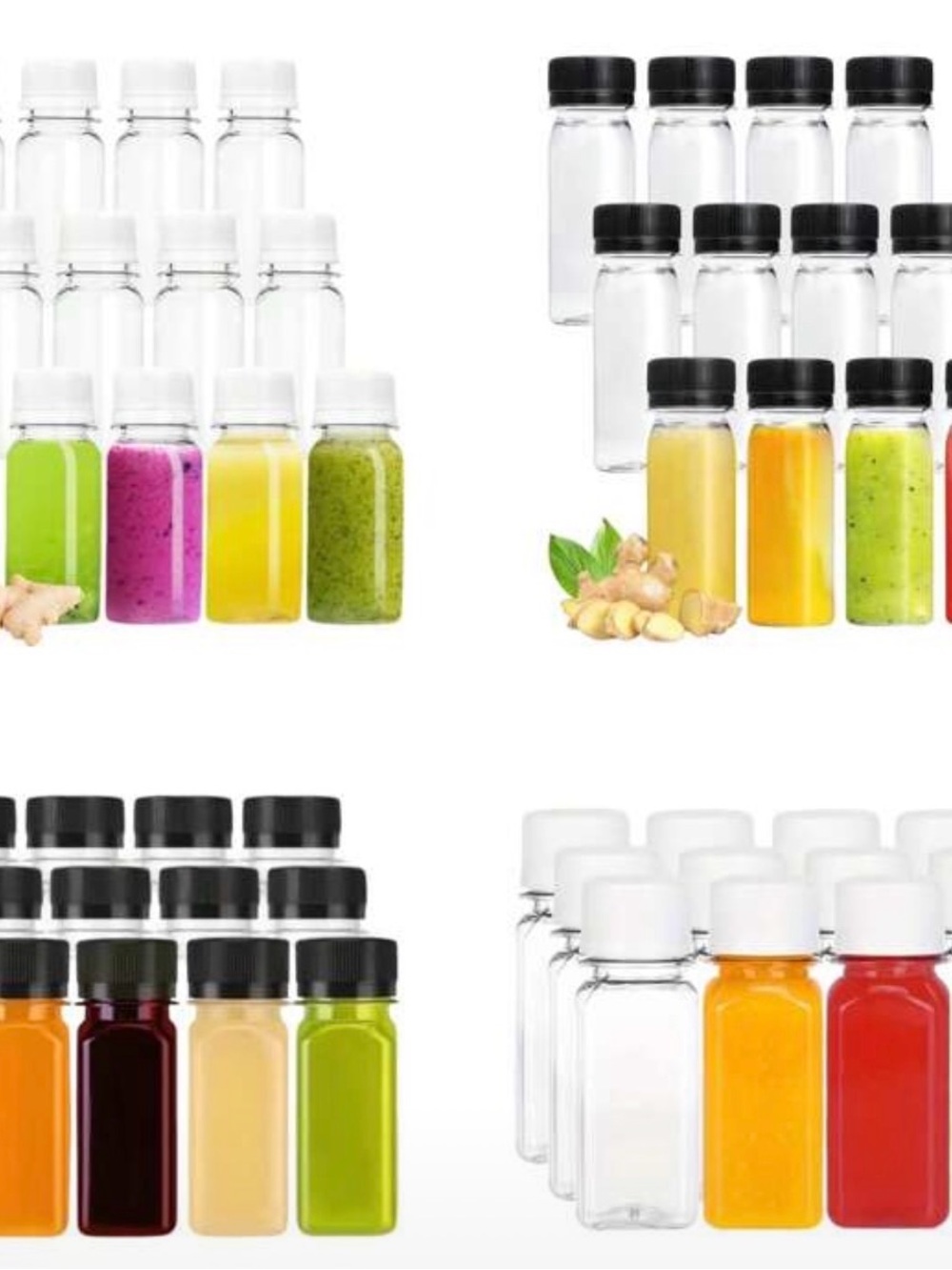 Set of 24 Clear Small Plastic Bottles with black screw caps.
